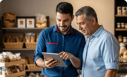 Profissional usando tablet em um estoque mostrando a um cliente